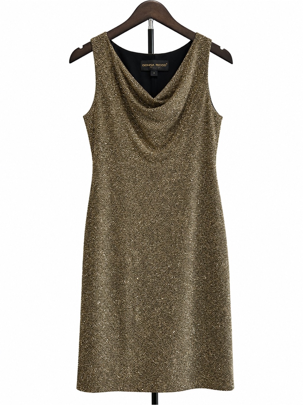 Vintage 90s Donna Ricco Gold Metallic Cowl Neck Sheath Dress Size 6